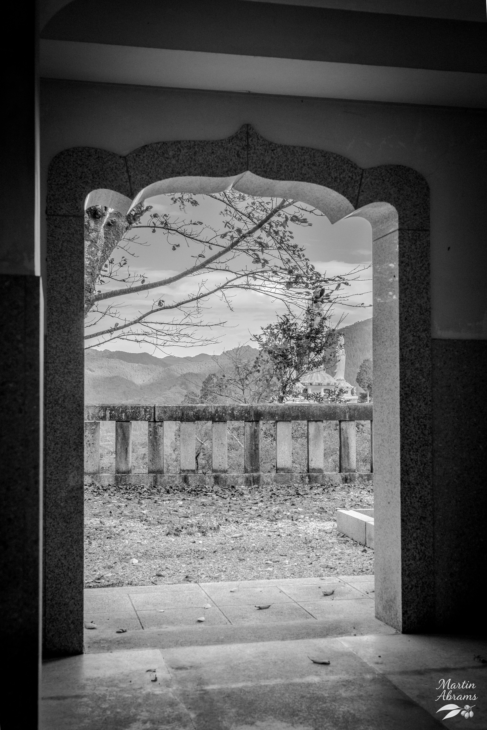 Temples - Looking out at the statues in black and white